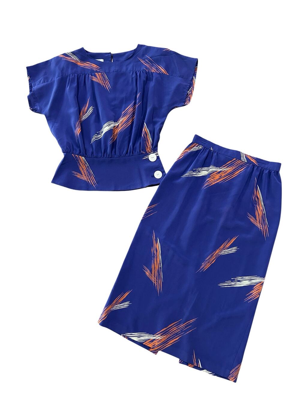 Vintage 2 Piece Skirt Set Peplum Top Abstract Print Periwinkle Small -